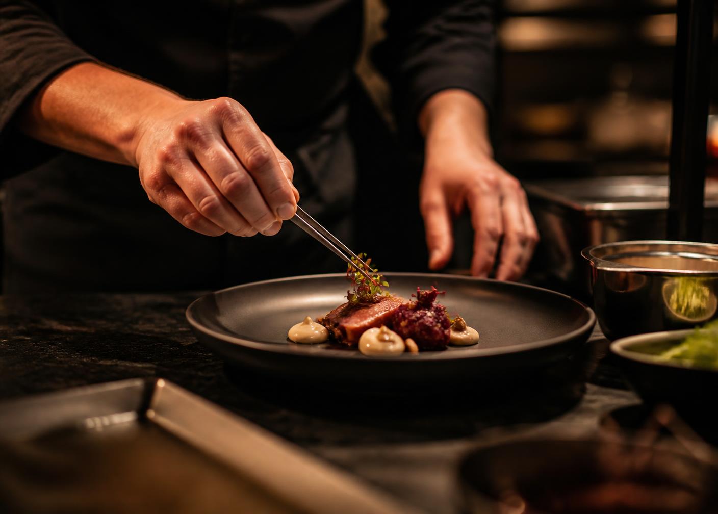 Chef finalizando um prato contemporâneo na cozinha
