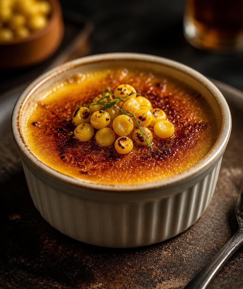 Crème brûlée de milho com crosta caramelizada