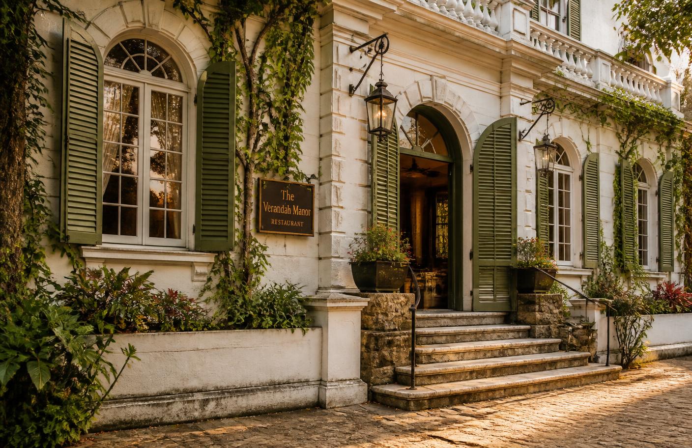 Fachada do casarão histórico com venezianas verdes e lanternas de ferro