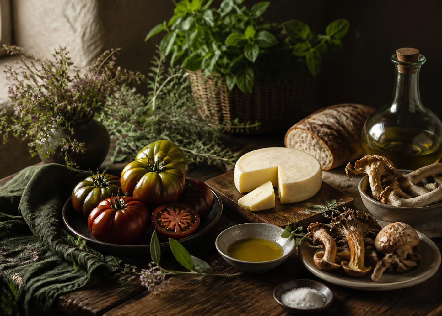 Ingredientes regionais frescos sobre mesa de madeira