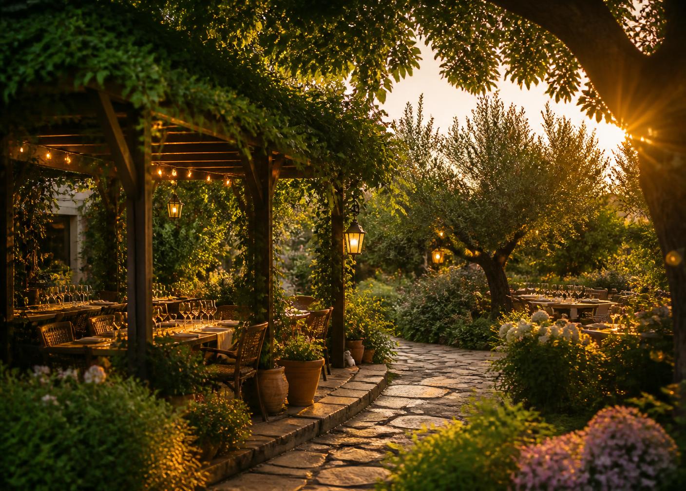 Jardim do restaurante com pérgola de madeira e mesas ao entardecer