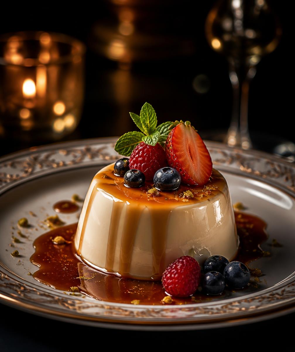 Panna cotta com calda e frutas vermelhas