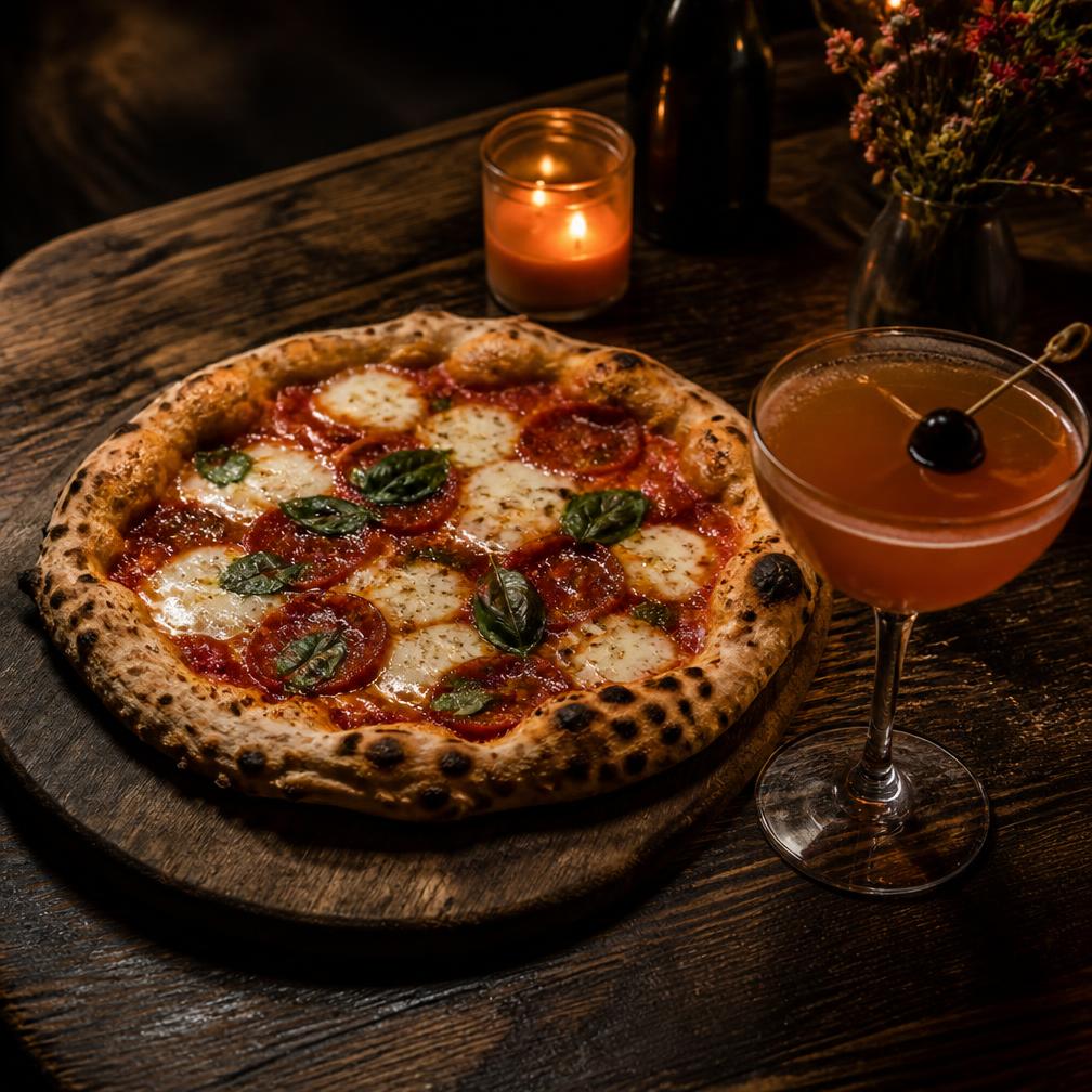 Pizza artesanal ao lado de um drink autoral