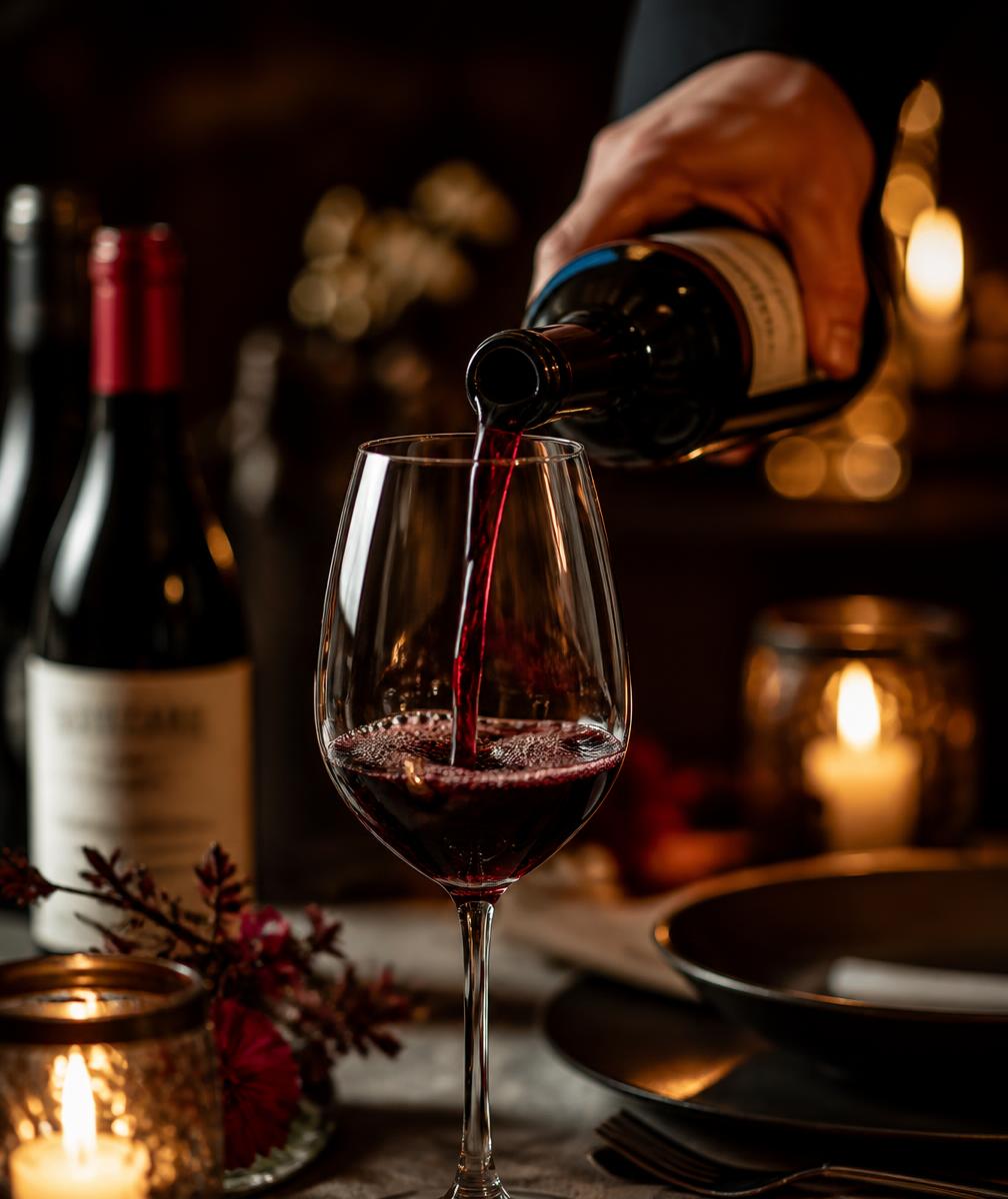 Taça de vinho tinto sendo servida à luz de velas